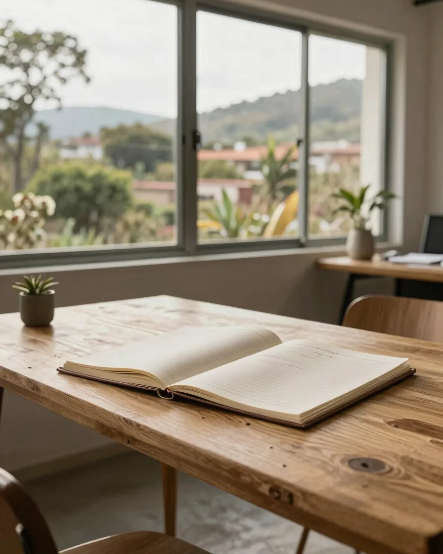 Espacio de trabajo editorial con notas de planificación sobre una mesa de madera, luz natural suave que entra por una ve